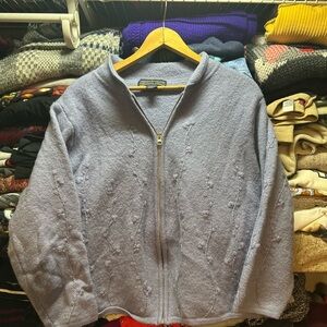 Vintage Herman Geist Floral 100% Wool Zip Cardigan Sweater Womens XL